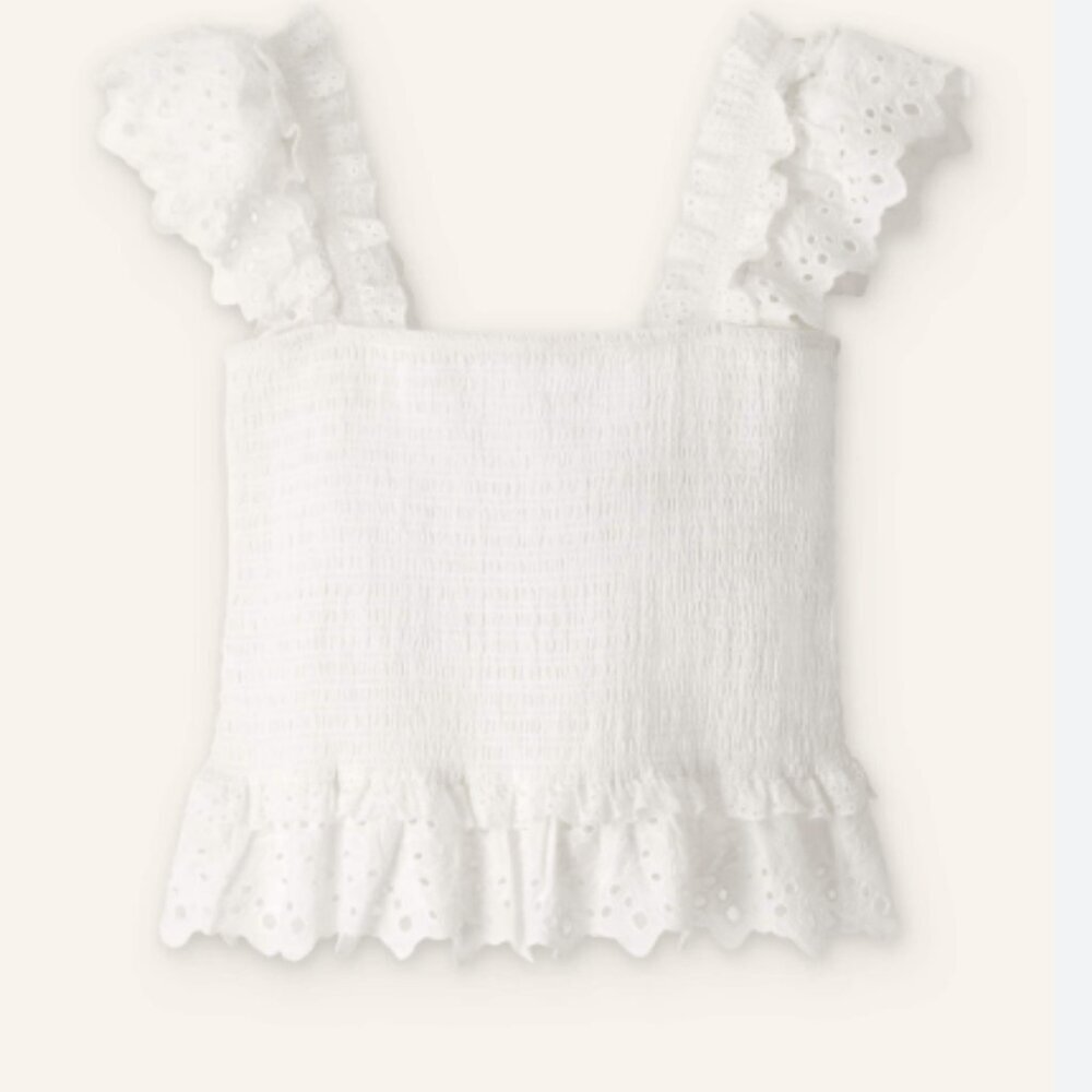 ME+EM White Cotton Delicate Broderie Shirred Top smocked flare 10 tank cropped